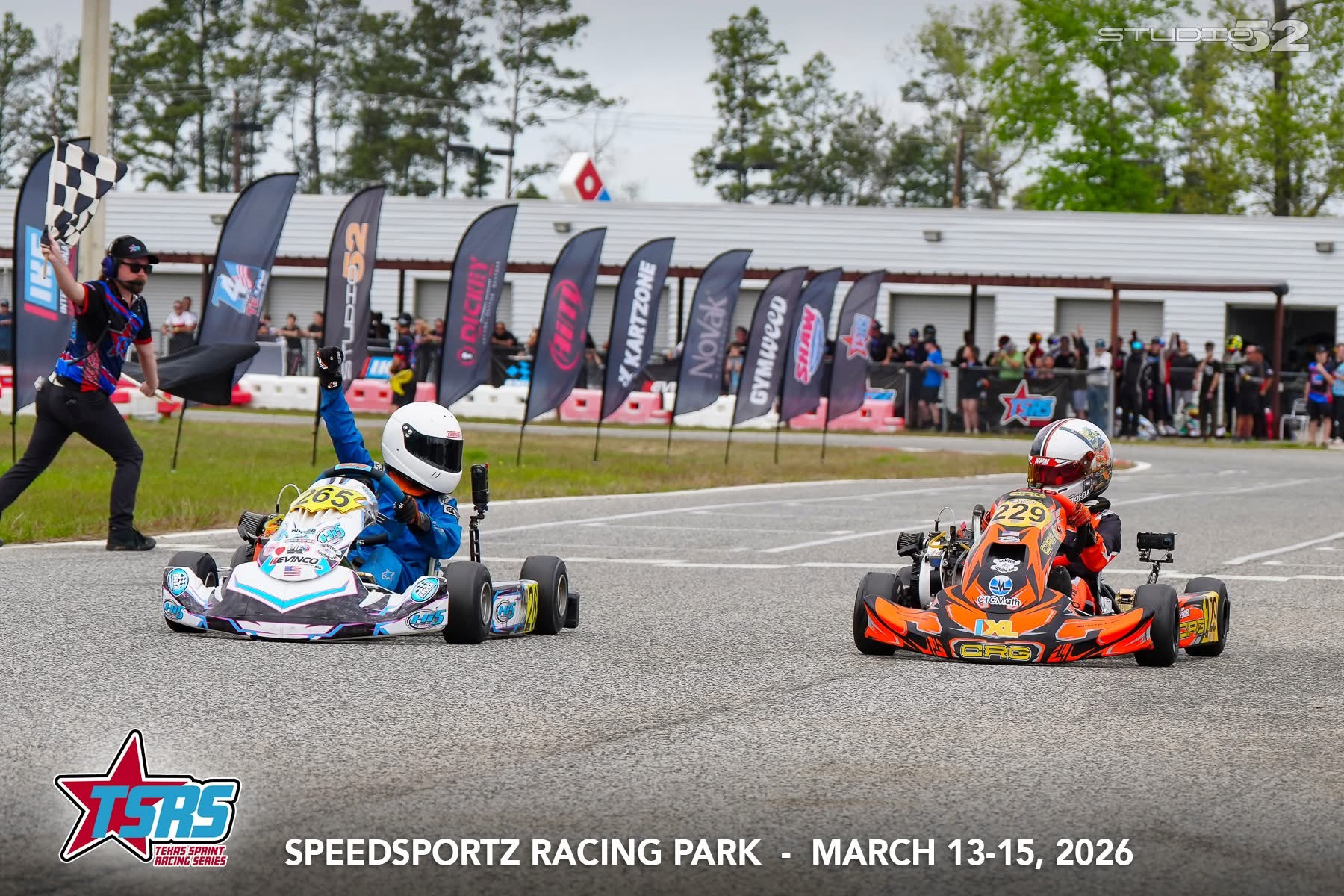 Hi5 Performance Texas driver in kart 265 taking the checkered flag at Speedsportz Racing Park